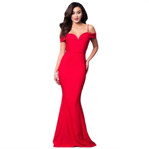 Elegant red off-shoulder mermaid evening gown with a sleek V-neck and floor-length silhouette