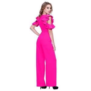 Chic rose pink cold-shoulder jumpsuit with ruffled sleeves and wide-leg trousers design