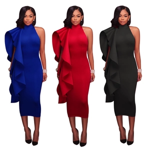 Women Sexy Ruffle Bodycon Midi Dress Elegant High Neck Asymmetric Sleeveless Evening Party Banquet Slim Fit Formal Dress