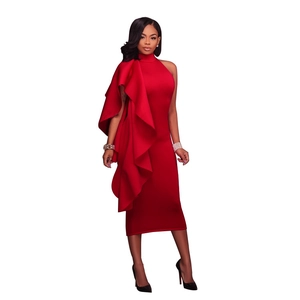 Elegant slim-fit red evening midi dress with ruffle shoulder for formal gala and parties