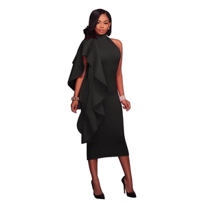 Slim fit black midi dress featuring a stylish high neck halter and layered ruffle detail