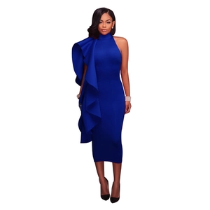 Sleeveless royal blue bodycon midi dress with elegant ruffle detail for cocktail parties