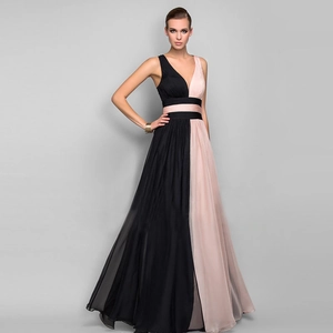 Elegant sleeveless V-neck long chiffon evening dress with black and pink color block