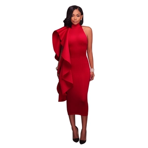 Elegant red bodycon dress with oversized ruffle shoulder and mock neck for evening wear