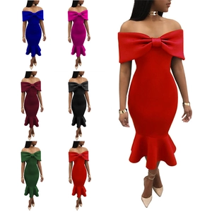 Abito da Sera Donna Elegante a Sirena Con Spalle Scoperte e Grande Fiocco Vestibilità Aderente Abito Formale da Cocktail