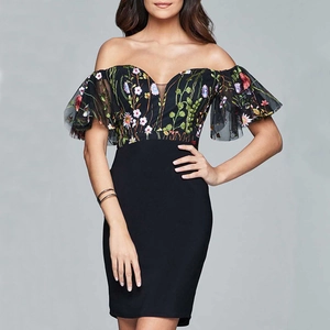 Women Elegant Floral Embroidery Mesh Dress Off Shoulder Bodycon Midi Dress For Wedding Banquet Party Evening Prom Gown
