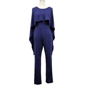 Elegant navy blue wide leg jumpsuit with chic cape sleeve design on white background