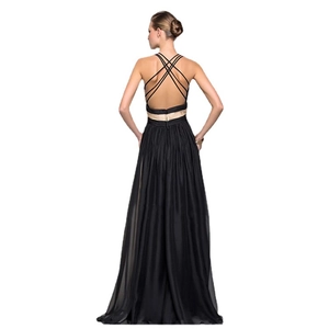 Elegant backless black chiffon evening gown with cross straps and champagne waist trim