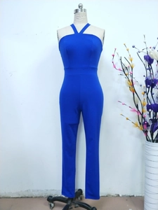 Detail of royal blue halter neck jumpsuit with cinched waist and sleek textured fabric