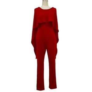 Detail of elegant dark red wide-leg jumpsuit with a ruffled cape overlay bodice