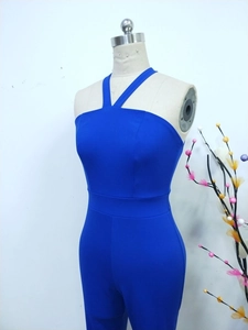 Detail of blue slim fit jumpsuit with criss-cross halter neck and waist stitching