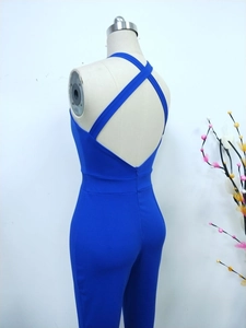 Detail of royal blue jumpsuit with criss-cross back straps and invisible waist zipper