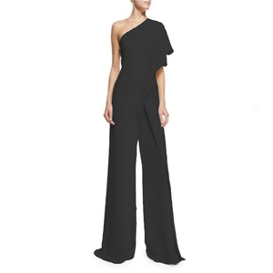 Elegant black one-shoulder jumpsuit with ruffled cape sleeve and wide-leg trousers design