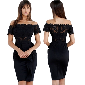 Elegante Abito da Cocktail Nero con Spalle Scoperte e Pizzo con Volant Aderente Abito da Sera a Matita per Donna