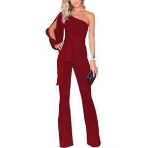 Elegant wine red one shoulder jumpsuit with waist tie and wide leg silhouette detail