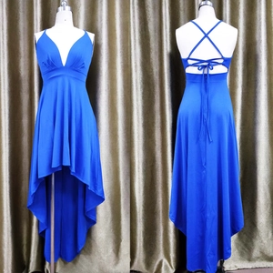 Dettagli fronte e retro dell'abito blu reale con scollo a V e allacciatura sulla schiena