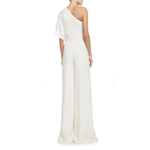 Elegant white one-shoulder jumpsuit for women with wide leg trousers and draped sleeve
