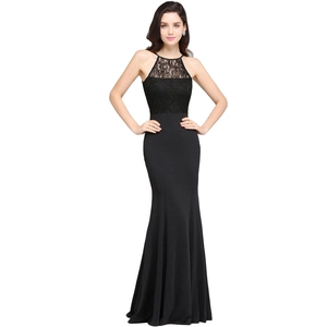 Close-up of elegant black lace halter neckline on an evening slim fit dress