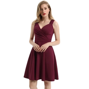 Elegant sleeveless wine red V-neck cocktail dress with waist-cinching A-line silhouette