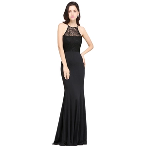 Elegant black halter mermaid evening dress with lace patchwork and slim fit silhouette