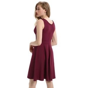 Elegant sleeveless burgundy A-line cocktail dress with a fitted waist and back zipper