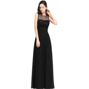 Elegant black sleeveless evening gown with floral lace patchwork and pleated waist