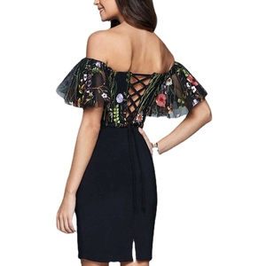 Elegant off-shoulder black embroidery dress with floral mesh sleeves and lace-up back detail