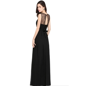 Elegant black sleeveless evening dress with lace patchwork back and satin bow detail