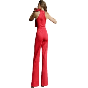 Eleganter roter ärmelloser Neckholder-Jumpsuit mit großem Schleifendetail am Rücken