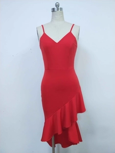 Detail of the red V-neck strap dress with asymmetric ruffle hem and slim fit cut