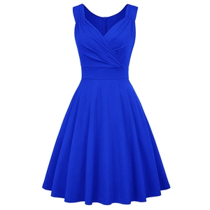 Detail of royal blue sleeveless cocktail dress with V-neck cross design and A-line skirt