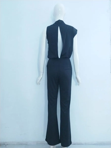 Detail of the high-neck back cutout design on the black sleeveless jumpsuit for women