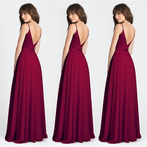 Detailed back view of a burgundy deep V-neck backless maxi dress with spaghetti straps