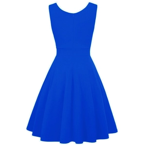 Back view of a royal blue sleeveless cocktail dress showing the invisible zipper detail