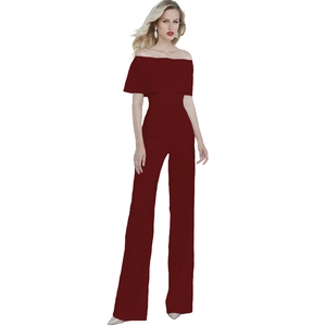 Detail of burgundy off-shoulder jumpsuit with ruffled neckline and wide leg cut