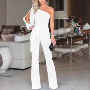 Elegant white one-shoulder jumpsuit with waist ribbon and split flared leg trousers