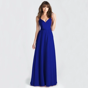Elegant royal blue V-neck maxi dress with spaghetti straps and a flowing A-line silhouette