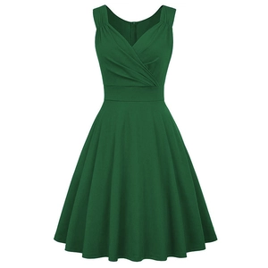 Retro dark green sleeveless cocktail dress with V-neckline and high waist A-line skirt
