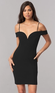 Detail of black off-shoulder cocktail dress with thin straps and deep V-neckline