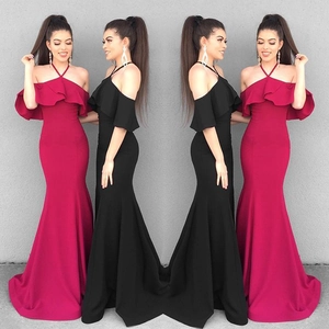 Elegant halter neck fishtail maxi dress with ruffle sleeves in pink and black