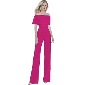 Detail of rose red off-shoulder jumpsuit with layered ruffles and wide leg cut