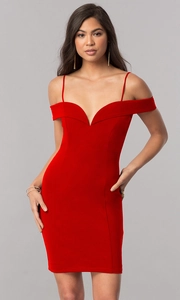 Detail view of red off-shoulder mini dress with slim fit and velvet texture fabric