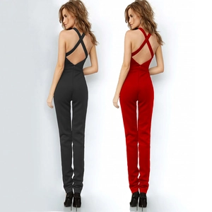 Detail view of crossover halter backless jumpsuits with hidden zippers in black and red