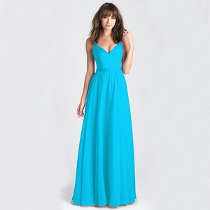 Elegant bright blue V-neck maxi dress with slim high waist and flowy A-line skirt
