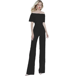 Elegant black off-the-shoulder jumpsuit with ruffled neckline and wide leg fit