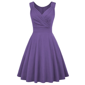Detailed front view of a retro purple sleeveless cocktail dress with V-neck pleats