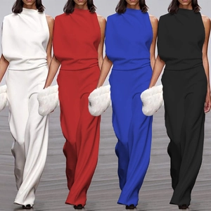 Detailed view of women's sleeveless wide leg jumpsuits in white, red, blue, and black