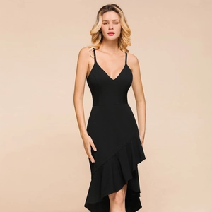 Deep V-neck black sling dress featuring asymmetrical ruffle hem for party wear