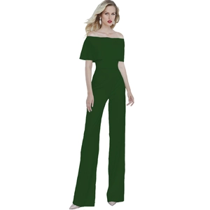 Detail of elegant off-shoulder dark green jumpsuit with waist-cinching and wide-leg fit