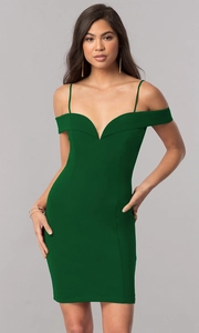 Detail of elegant dark green bodycon evening dress with deep V-neck and spaghetti straps